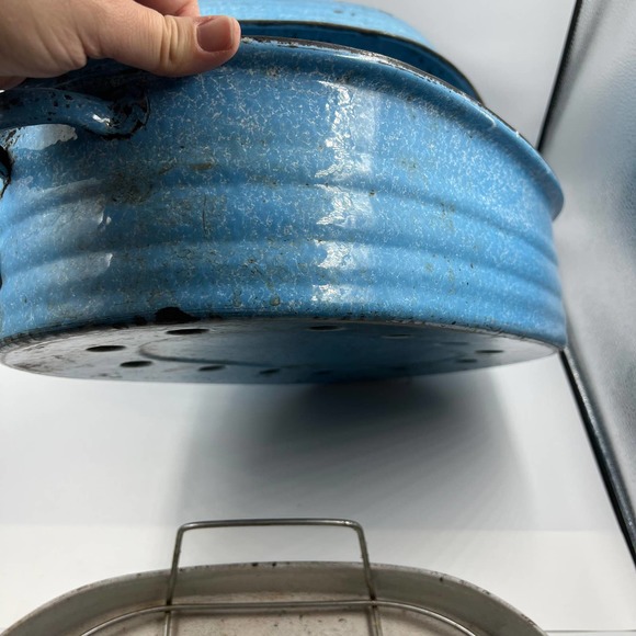 Antique Turquoise Cornflower Blue Large Roaster Rack Enamelware On Steel 4 Piece - Picture 14 of 15